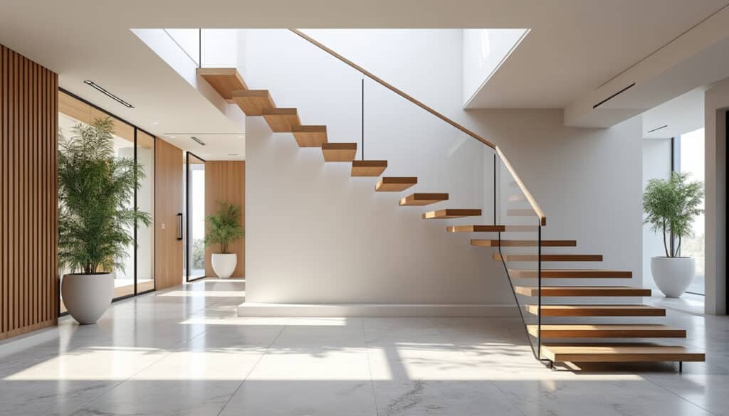 découvrez comment l'escalier suspendu maximise l'espace visuel et apporte une touche moderne et aérienne à vos entrées.
